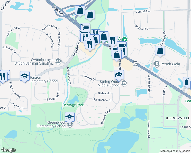 map of restaurants, bars, coffee shops, grocery stores, and more near 5566 Santa Cruz Drive in Hanover Park