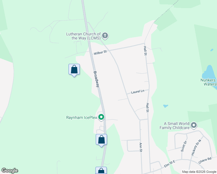 map of restaurants, bars, coffee shops, grocery stores, and more near 1701 Broadway in Raynham