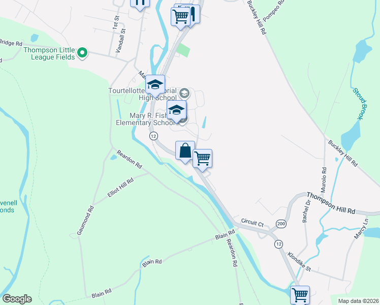 map of restaurants, bars, coffee shops, grocery stores, and more near 715 Riverside Drive in Thompson