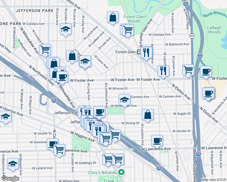 map of restaurants, bars, coffee shops, grocery stores, and more near 5230 West Winona Street in Chicago