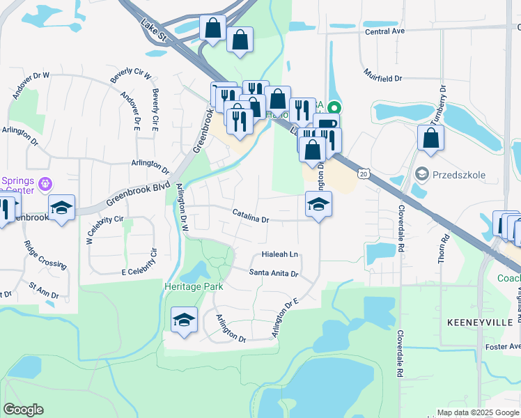 map of restaurants, bars, coffee shops, grocery stores, and more near 5569 Santa Cruz Drive in Hanover Park