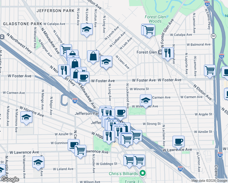 map of restaurants, bars, coffee shops, grocery stores, and more near 5342 West Winona Street in Chicago