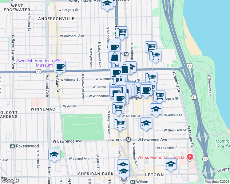 map of restaurants, bars, coffee shops, grocery stores, and more near 5080 North Broadway in Chicago