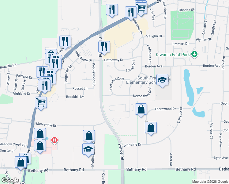 map of restaurants, bars, coffee shops, grocery stores, and more near 1340 Yorkshire Drive North in Sycamore