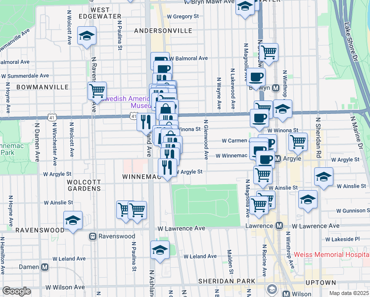 map of restaurants, bars, coffee shops, grocery stores, and more near 1445 West Carmen Avenue in Chicago