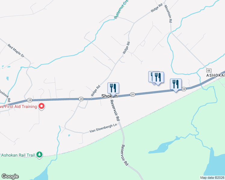 map of restaurants, bars, coffee shops, grocery stores, and more near 3188 New York 28 in Shokan