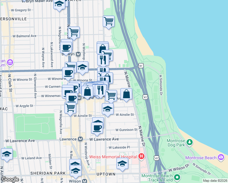 map of restaurants, bars, coffee shops, grocery stores, and more near 932 West Carmen Avenue in Chicago