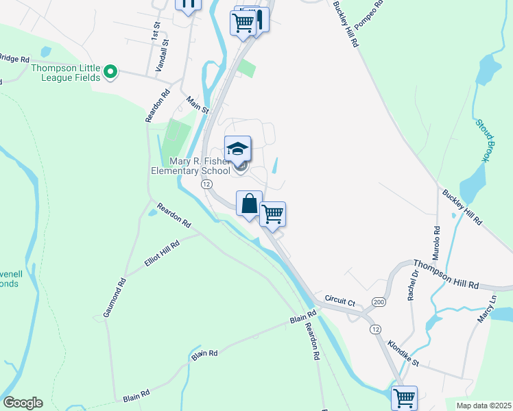map of restaurants, bars, coffee shops, grocery stores, and more near 715 Riverside Drive in Thompson