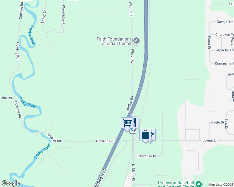 map of restaurants, bars, coffee shops, grocery stores, and more near 56608 Wilbur Road in Three Rivers