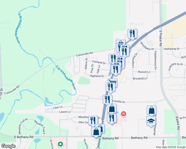 map of restaurants, bars, coffee shops, grocery stores, and more near 1622 Pine Street in Sycamore