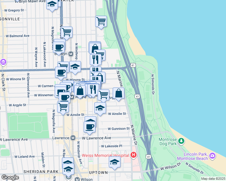 map of restaurants, bars, coffee shops, grocery stores, and more near 5040 North Marine Drive in Chicago