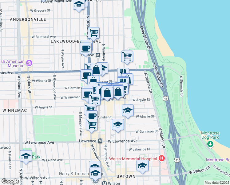 map of restaurants, bars, coffee shops, grocery stores, and more near 5048 North Kenmore Avenue in Chicago