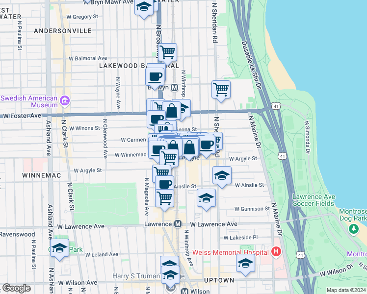 map of restaurants, bars, coffee shops, grocery stores, and more near 5042 North Winthrop Avenue in Chicago