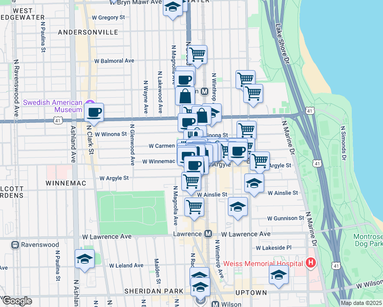 map of restaurants, bars, coffee shops, grocery stores, and more near 5080 North Broadway in Chicago