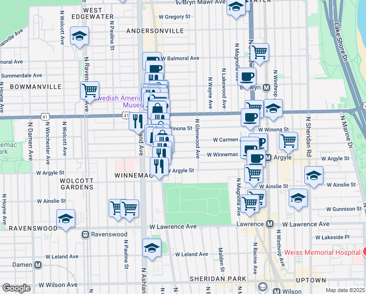 map of restaurants, bars, coffee shops, grocery stores, and more near 1430 West Carmen Avenue in Chicago