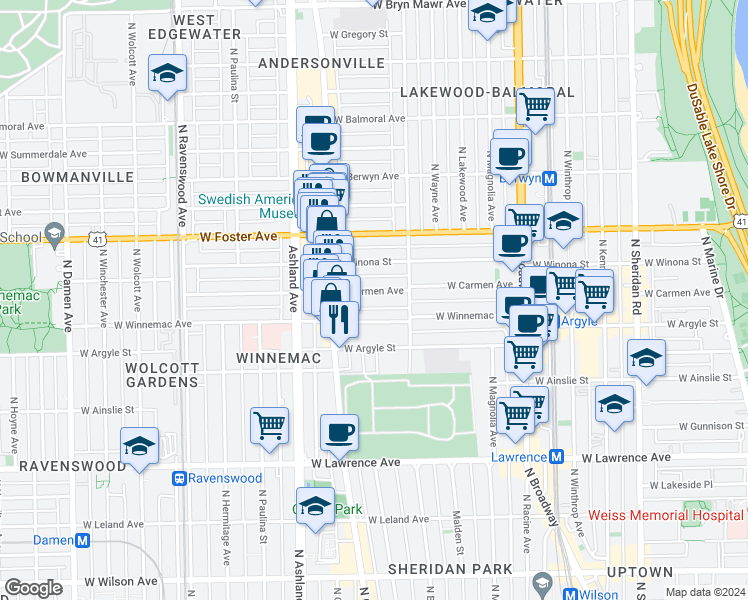 map of restaurants, bars, coffee shops, grocery stores, and more near 1430 West Carmen Avenue in Chicago