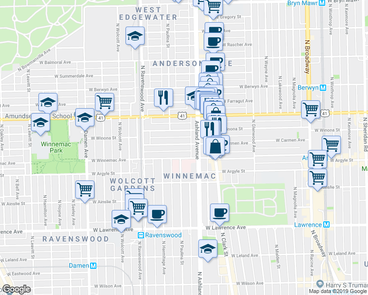 map of restaurants, bars, coffee shops, grocery stores, and more near 1618 West Carmen Avenue in Chicago
