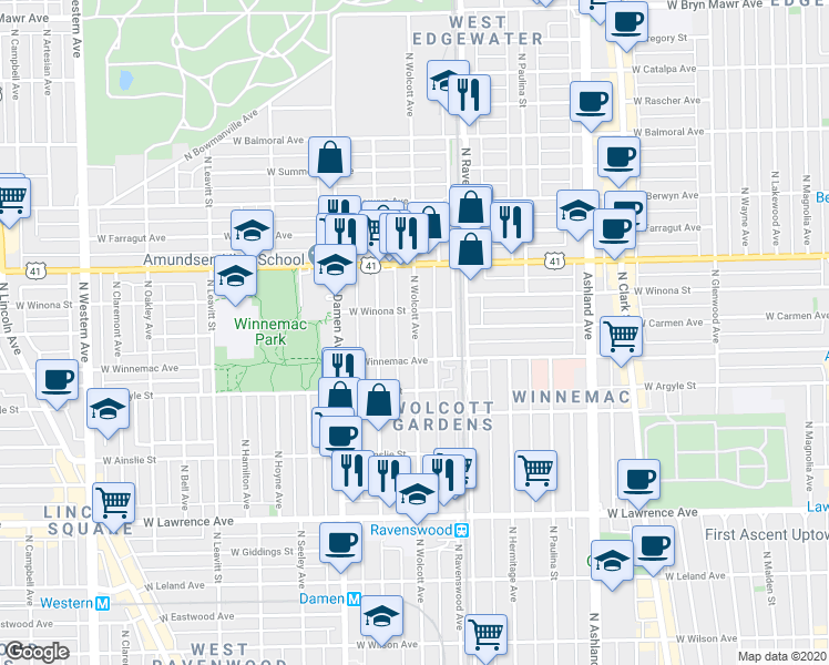 map of restaurants, bars, coffee shops, grocery stores, and more near 1901 West Winona Street in Chicago