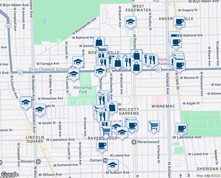 map of restaurants, bars, coffee shops, grocery stores, and more near 5074 North Winchester Avenue in Chicago