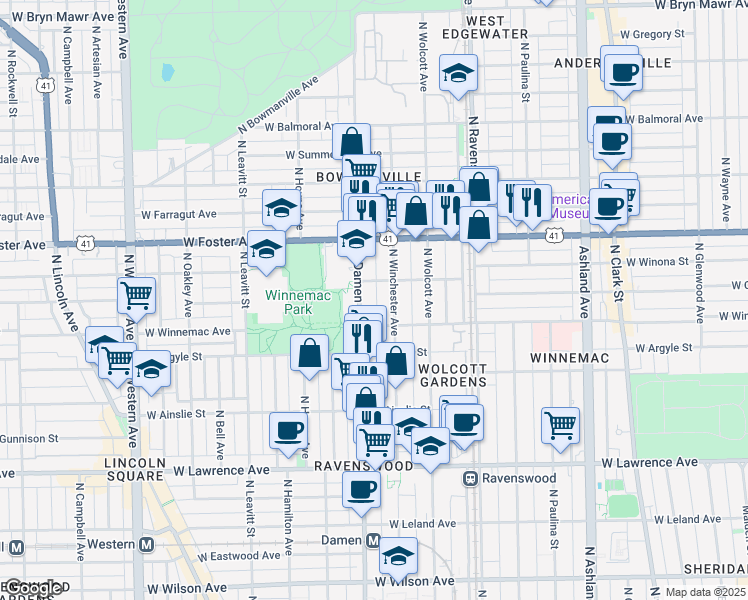 map of restaurants, bars, coffee shops, grocery stores, and more near 5074 North Winchester Avenue in Chicago