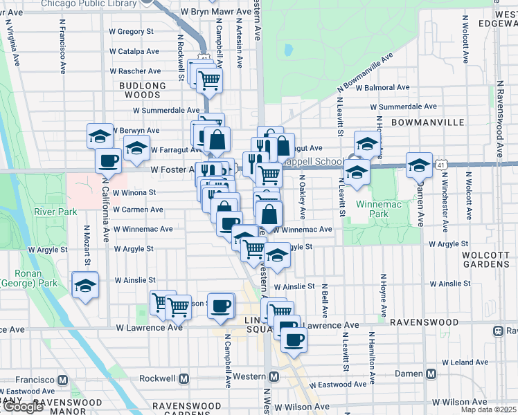 map of restaurants, bars, coffee shops, grocery stores, and more near 2421 West Winona Street in Chicago