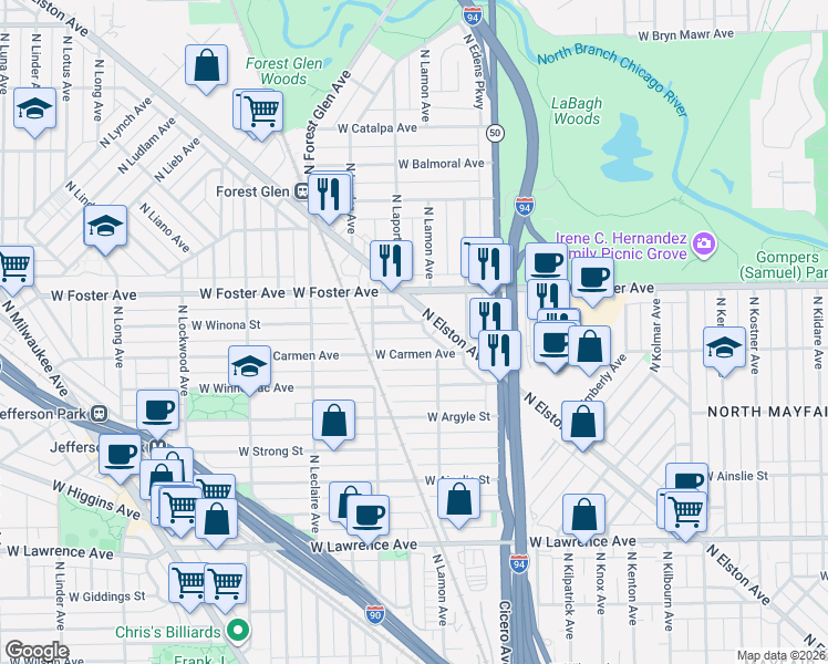 map of restaurants, bars, coffee shops, grocery stores, and more near 4928 West Winona Street in Chicago