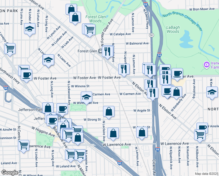 map of restaurants, bars, coffee shops, grocery stores, and more near 5042 West Winona Street in Chicago