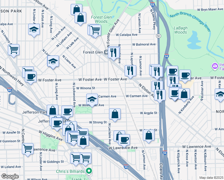 map of restaurants, bars, coffee shops, grocery stores, and more near 5042 West Winona Street in Chicago