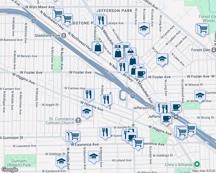 map of restaurants, bars, coffee shops, grocery stores, and more near 5118 North Major Avenue in Chicago