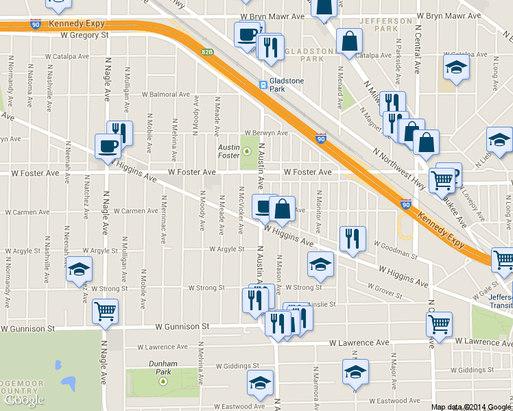 map of restaurants, bars, coffee shops, grocery stores, and more near 5118 North Austin Avenue in Chicago
