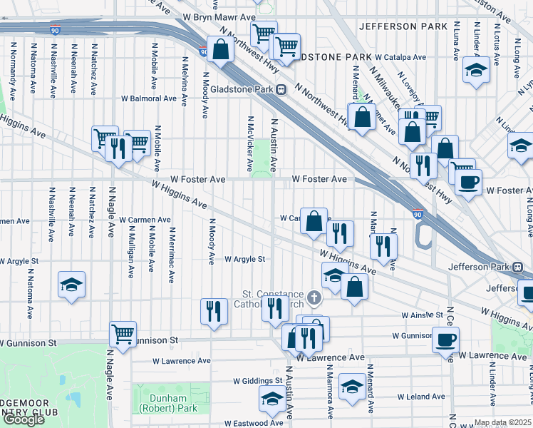 map of restaurants, bars, coffee shops, grocery stores, and more near 5118 North Austin Avenue in Chicago