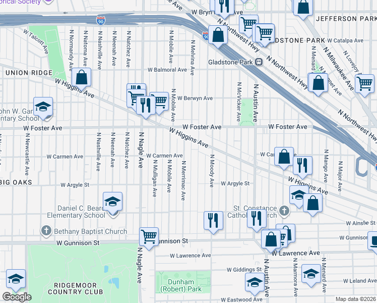 map of restaurants, bars, coffee shops, grocery stores, and more near 5122 North Merrimac Avenue in Chicago