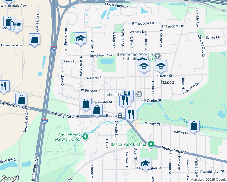 map of restaurants, bars, coffee shops, grocery stores, and more near 223 West Division Street in Itasca