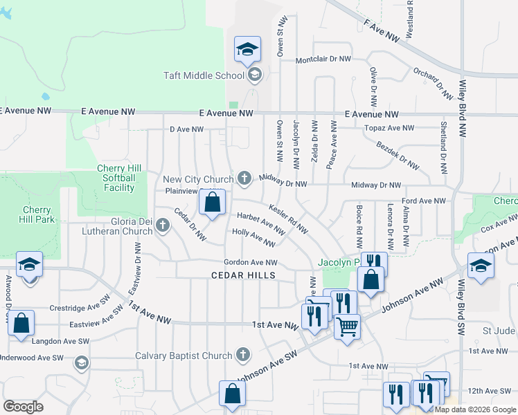 map of restaurants, bars, coffee shops, grocery stores, and more near 5200-5210 Kesler Road Northwest in Cedar Rapids