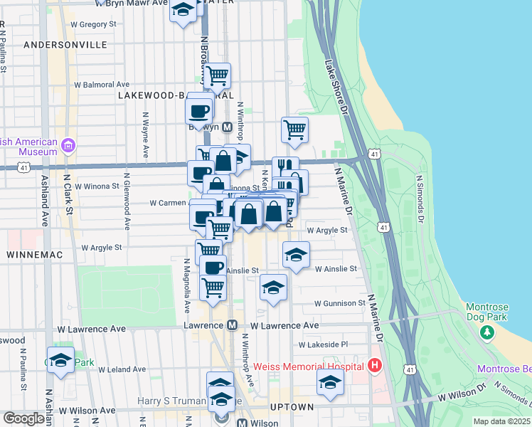 map of restaurants, bars, coffee shops, grocery stores, and more near 5040 North Kenmore Avenue in Chicago