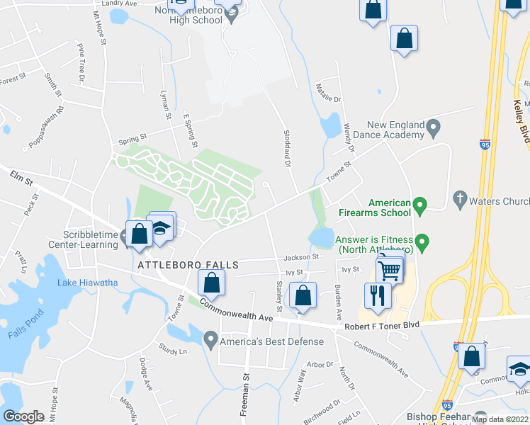 map of restaurants, bars, coffee shops, grocery stores, and more near Towne Street in North Attleborough