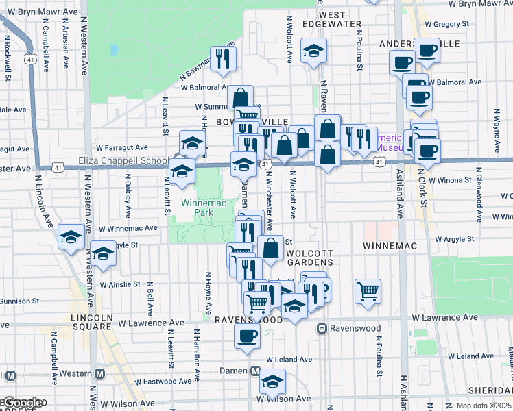 map of restaurants, bars, coffee shops, grocery stores, and more near 5074 North Winchester Avenue in Chicago