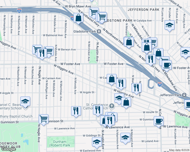 map of restaurants, bars, coffee shops, grocery stores, and more near 5118 North Austin Avenue in Chicago