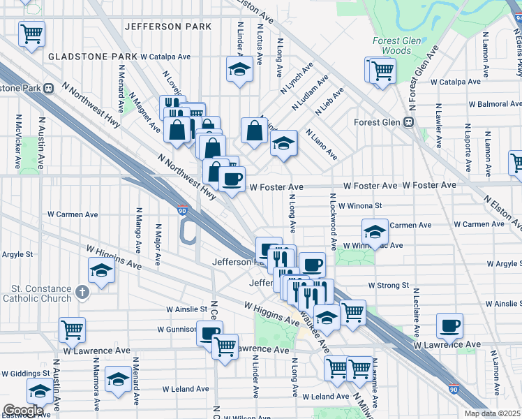map of restaurants, bars, coffee shops, grocery stores, and more near 5145 North Lovejoy Avenue in Chicago