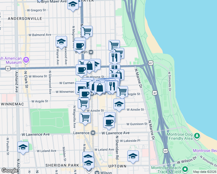 map of restaurants, bars, coffee shops, grocery stores, and more near 5029 North Kenmore Avenue in Chicago