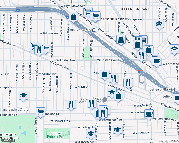 map of restaurants, bars, coffee shops, grocery stores, and more near 5118 North Austin Avenue in Chicago