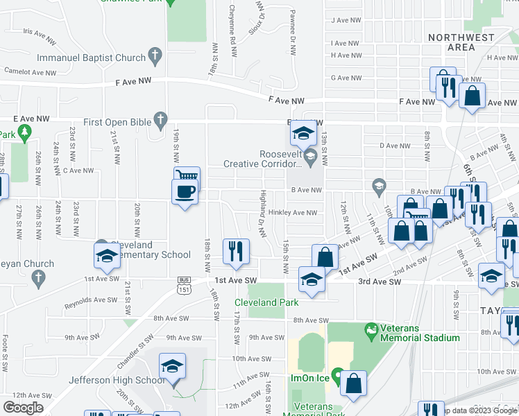 map of restaurants, bars, coffee shops, grocery stores, and more near 274 Highland Drive Northwest in Cedar Rapids