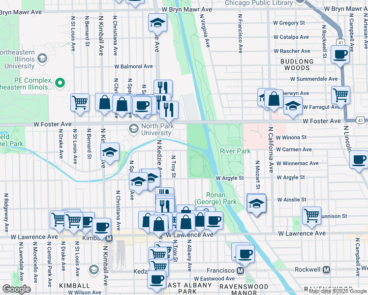 map of restaurants, bars, coffee shops, grocery stores, and more near 3100 West Carmen Avenue in Chicago