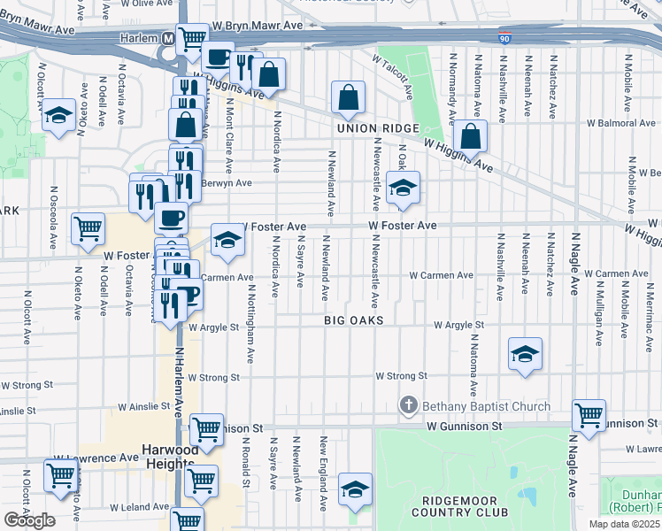 map of restaurants, bars, coffee shops, grocery stores, and more near 5123 North Newland Avenue in Chicago