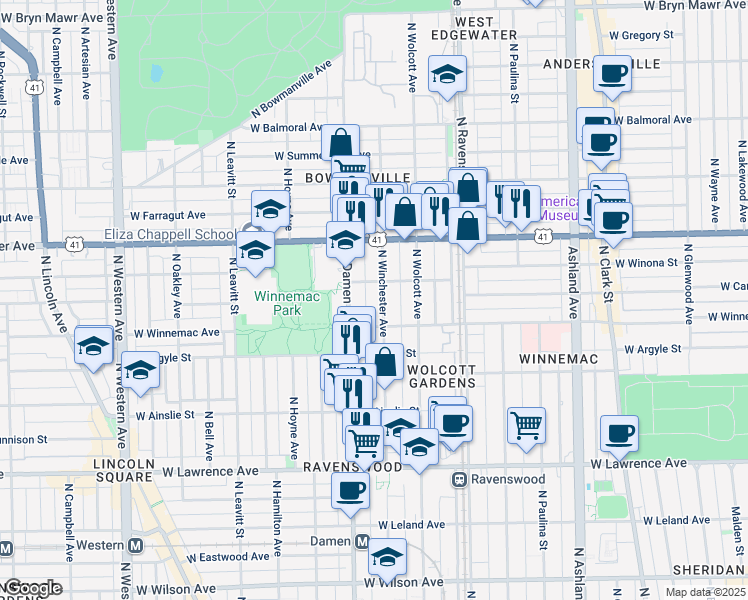 map of restaurants, bars, coffee shops, grocery stores, and more near 5074 North Winchester Avenue in Chicago