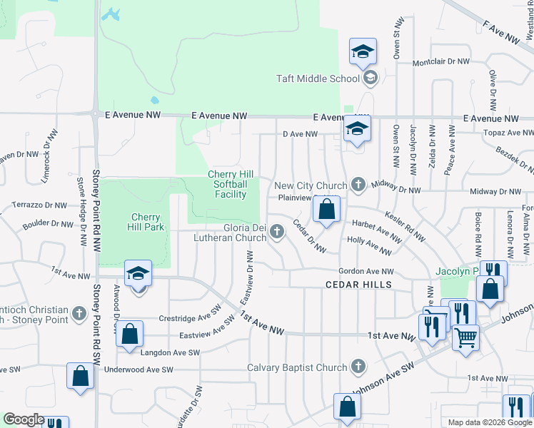 map of restaurants, bars, coffee shops, grocery stores, and more near 187 Cherry Hill Road Northwest in Cedar Rapids