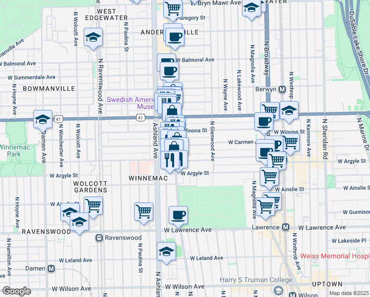 map of restaurants, bars, coffee shops, grocery stores, and more near 1461 West Carmen Avenue in Chicago