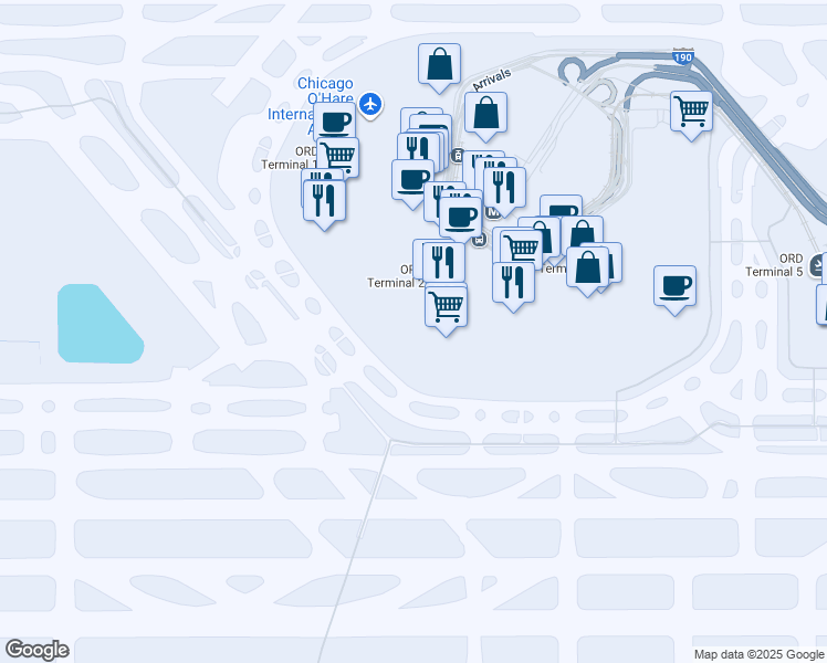 map of restaurants, bars, coffee shops, grocery stores, and more near 10000 West O'Hare Avenue in Chicago