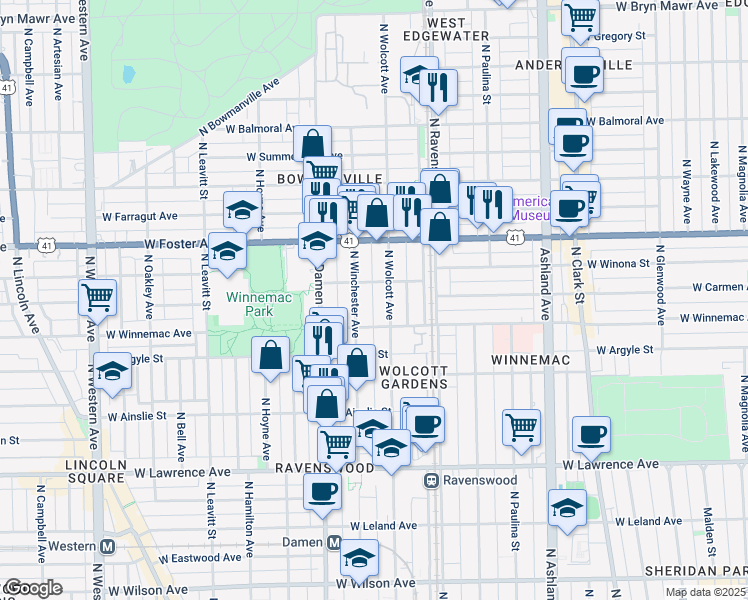 map of restaurants, bars, coffee shops, grocery stores, and more near 5058 North Wolcott Avenue in Chicago