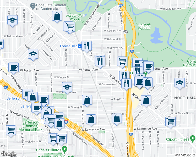 map of restaurants, bars, coffee shops, grocery stores, and more near 4959 West Winona Street in Chicago